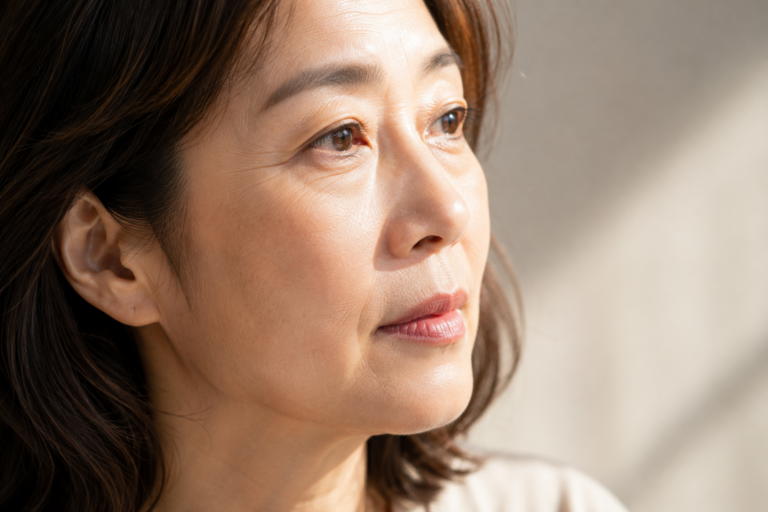 자연광에서 눈가와 볼의 피부결이 보이는 50대 여성 얼굴 클로즈업