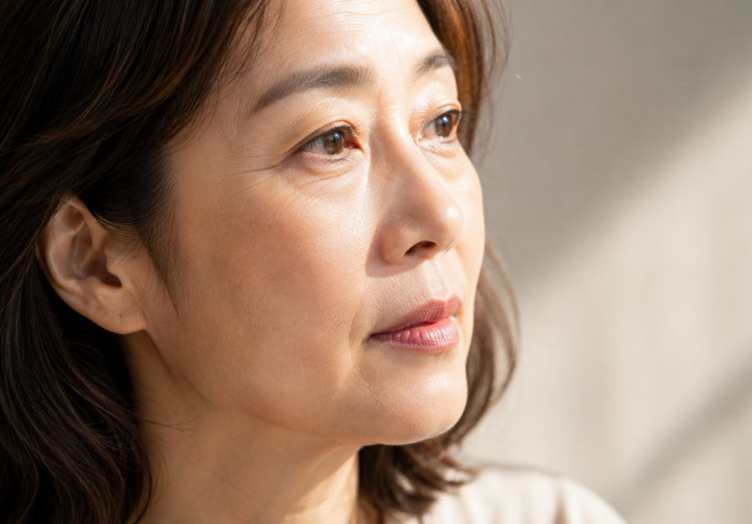 자연광에서 눈가와 볼의 피부결이 보이는 50대 여성 얼굴 클로즈업