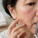 거울을 보며 볼의 건조함과 미세한 각질, 붉음을 확인하는 50대 여성