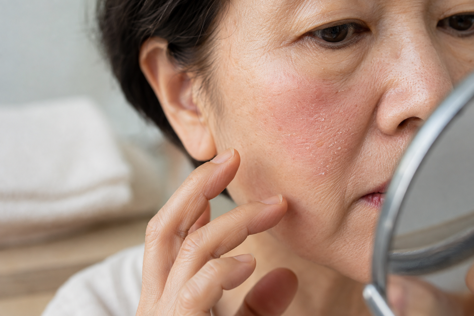 거울을 보며 볼의 건조함과 미세한 각질, 붉음을 확인하는 50대 여성