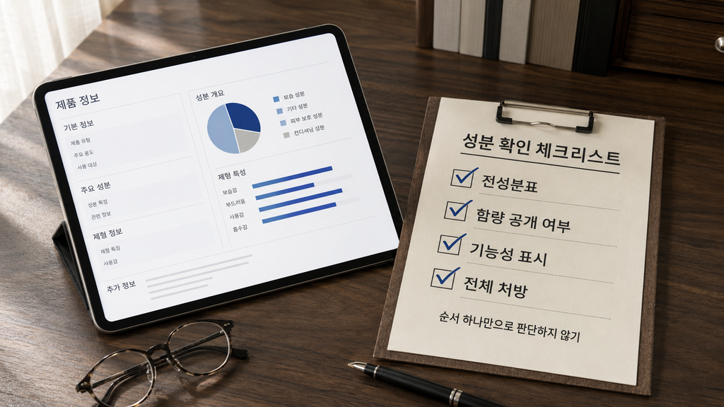 화장품 전성분표와 함량 공개 여부, 기능성 표시, 전체 처방을 확인하는 체크리스트