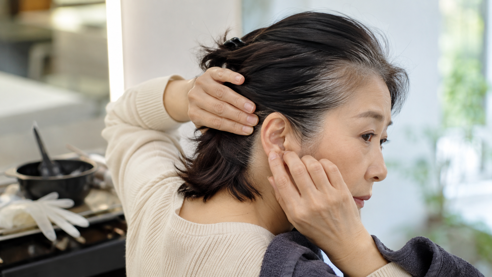 흰머리 염색 후 두피 가려움이 생겨 귀 뒤와 헤어라인을 확인하는 50대 여성