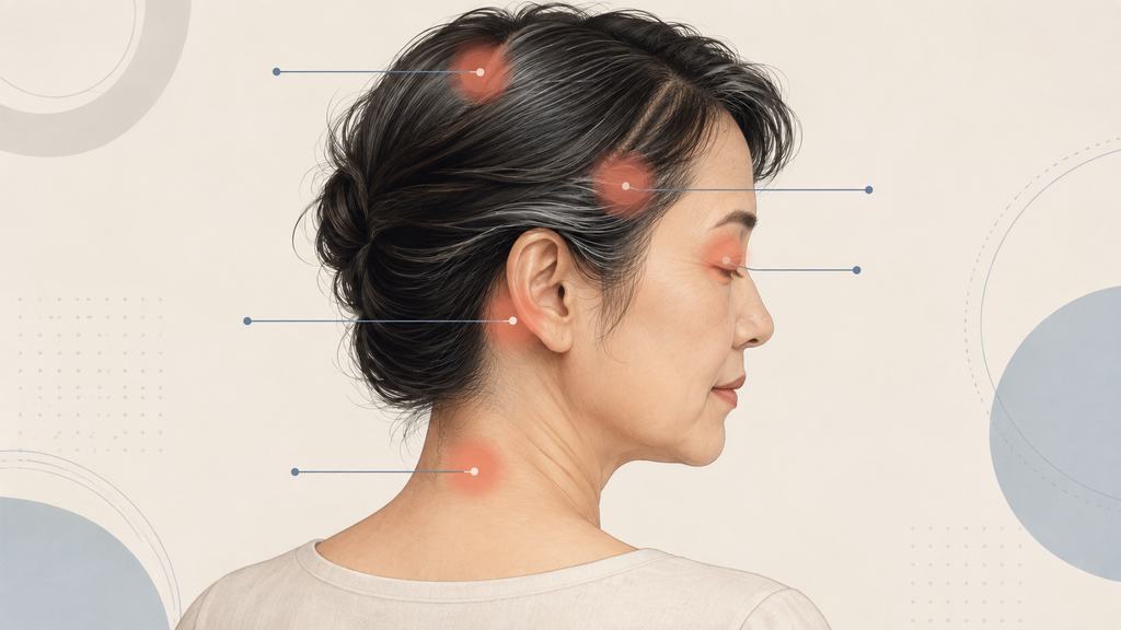 염색 후 가려움과 붉어짐을 확인해야 할 두피·헤어라인·귀 뒤·눈꺼풀·목 주변을 표시한 그림