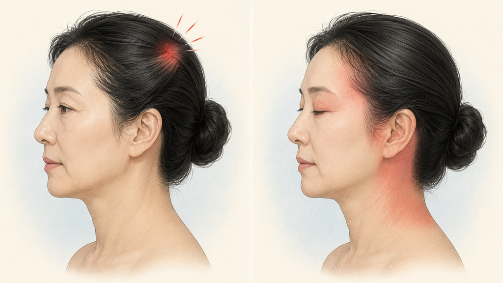 염색 직후 국소적으로 나타난 두피 자극과 시간이 지나 헤어라인·귀·눈꺼풀·목으로 넓어진 반응을 비교한 그림