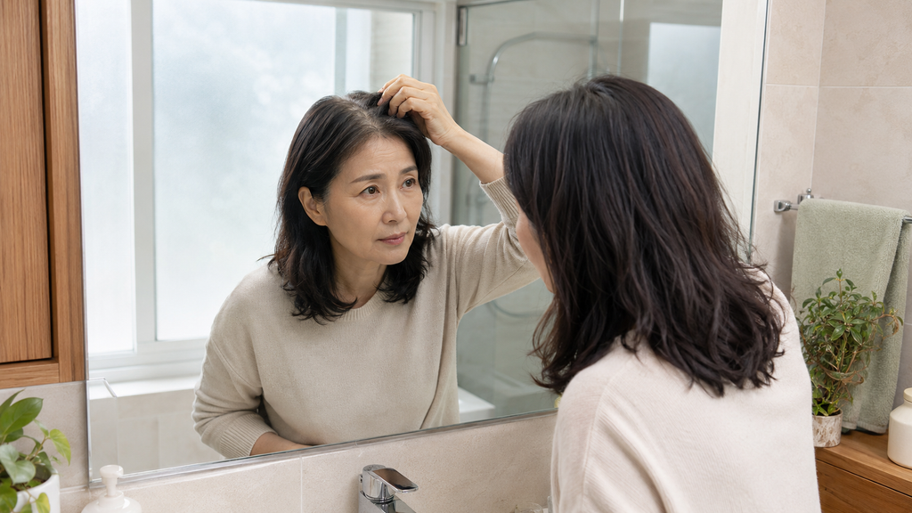 거울을 보며 가르마와 머리숱 변화를 확인하는 50대 여성