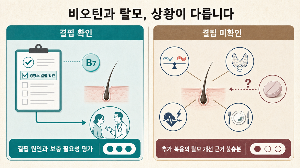 비오틴 결핍과 일반적인 탈모에서 보충 효과의 근거 차이를 비교한 도표