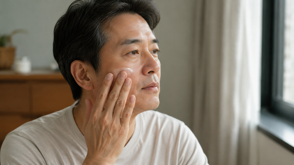 ALT: 자연광 아래에서 보습제를 볼에 부드럽게 바르는 50대 남성