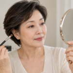 눈을 편하게 뜨고 손거울로 눈 화장을 확인하는 가상 50대 여성