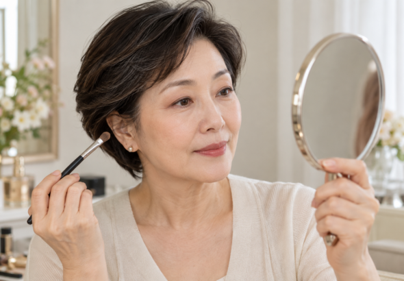 눈을 편하게 뜨고 손거울로 눈 화장을 확인하는 가상 50대 여성