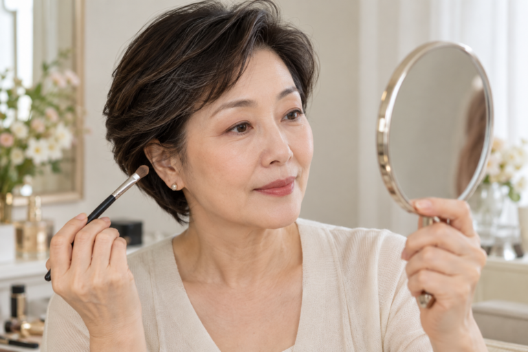 눈을 편하게 뜨고 손거울로 눈 화장을 확인하는 가상 50대 여성