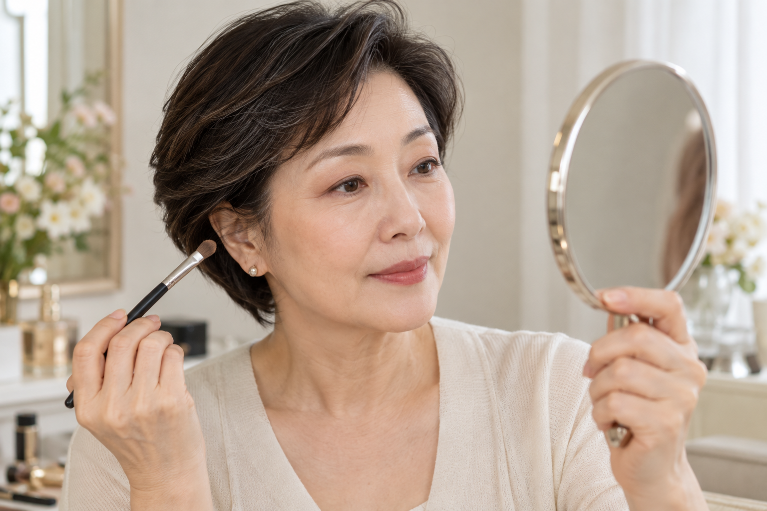 눈을 편하게 뜨고 손거울로 눈 화장을 확인하는 가상 50대 여성