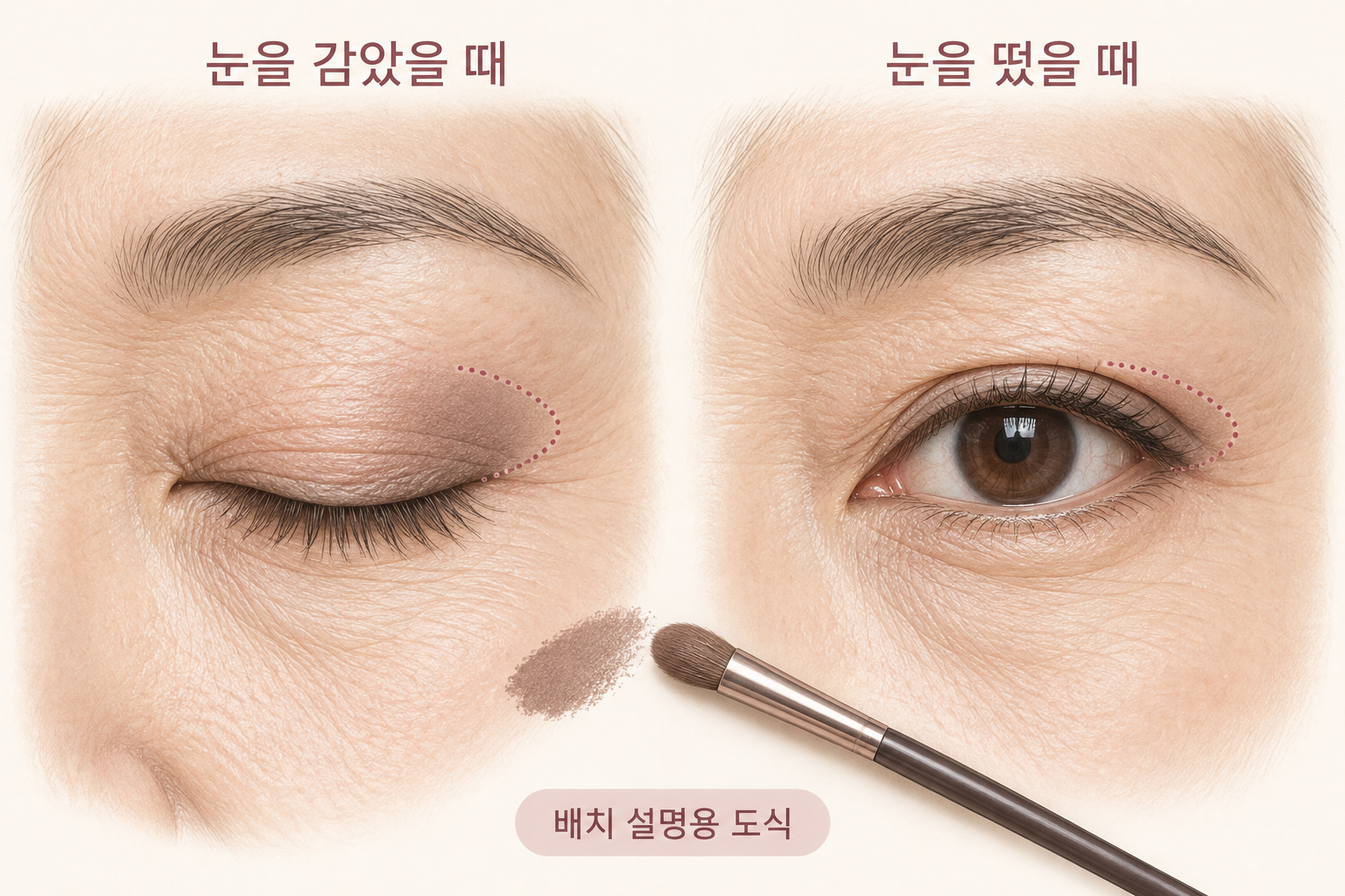 눈을 감았을 때와 떴을 때 섀도가 보이는 범위를 비교한 배치 도식