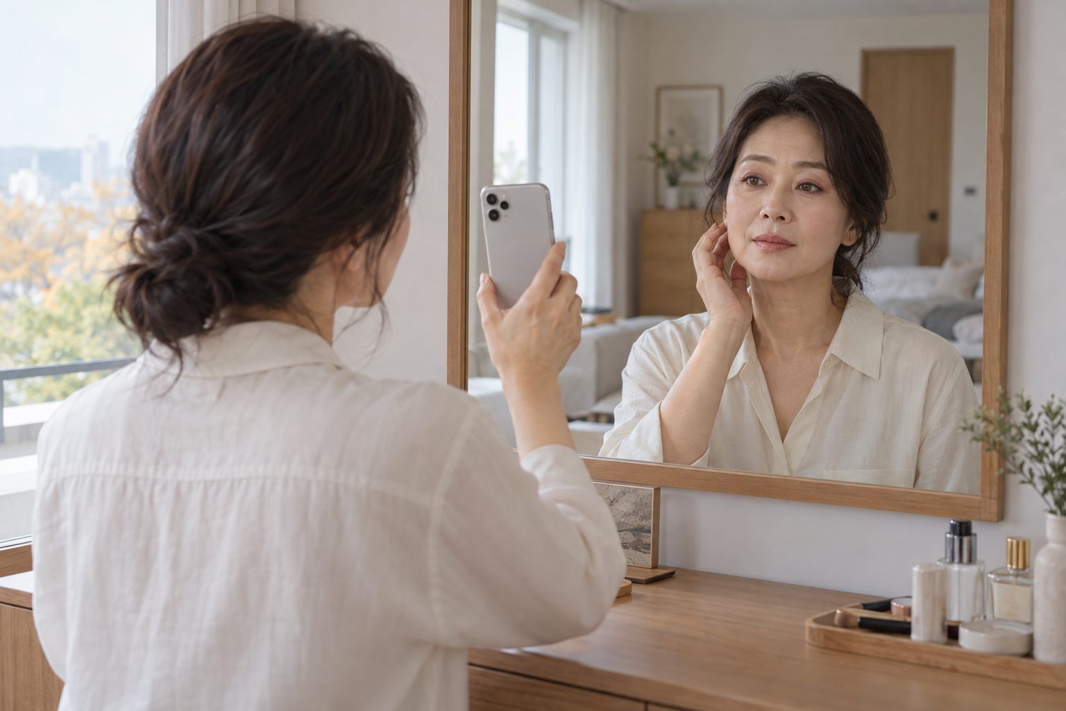 창가 거울에서 눈 화장의 전체 균형을 살피는 가상 중년 여성
