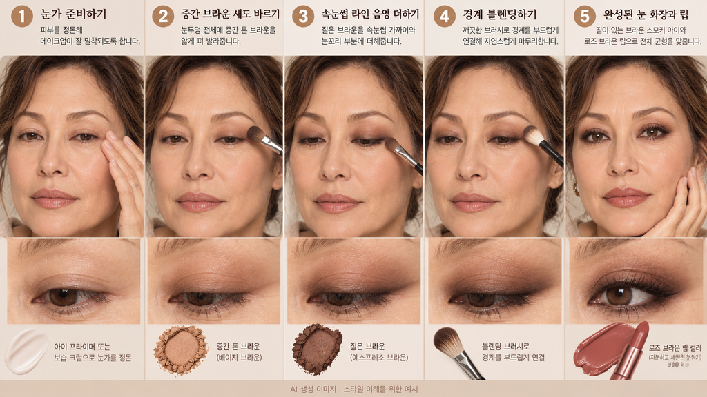 50대 여성을 위한 브라운 스모키 아이 메이크업 5단계 순서