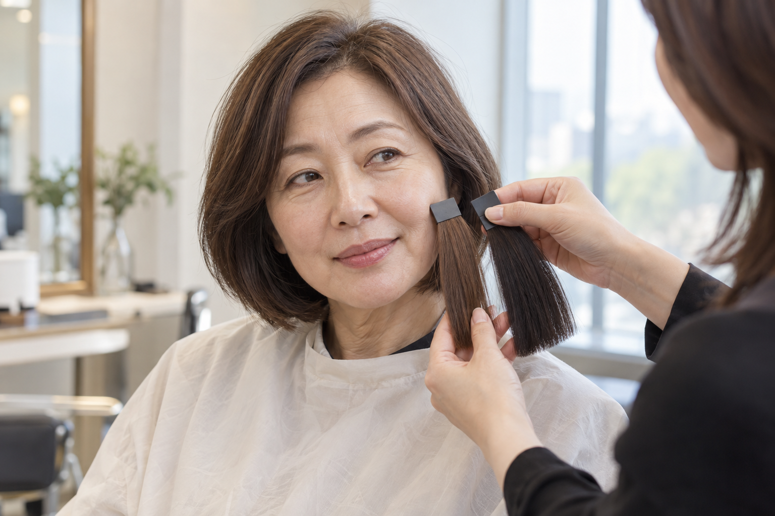 가상 중년 여성이 얼굴 옆에 중간 갈색과 짙은 갈색 모발 견본을 대어 보는 장면