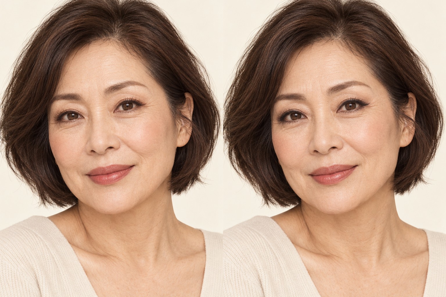 같은 가상 중년 여성의 일상용 가는 아이라인과 저녁용 진한 눈 화장 비교