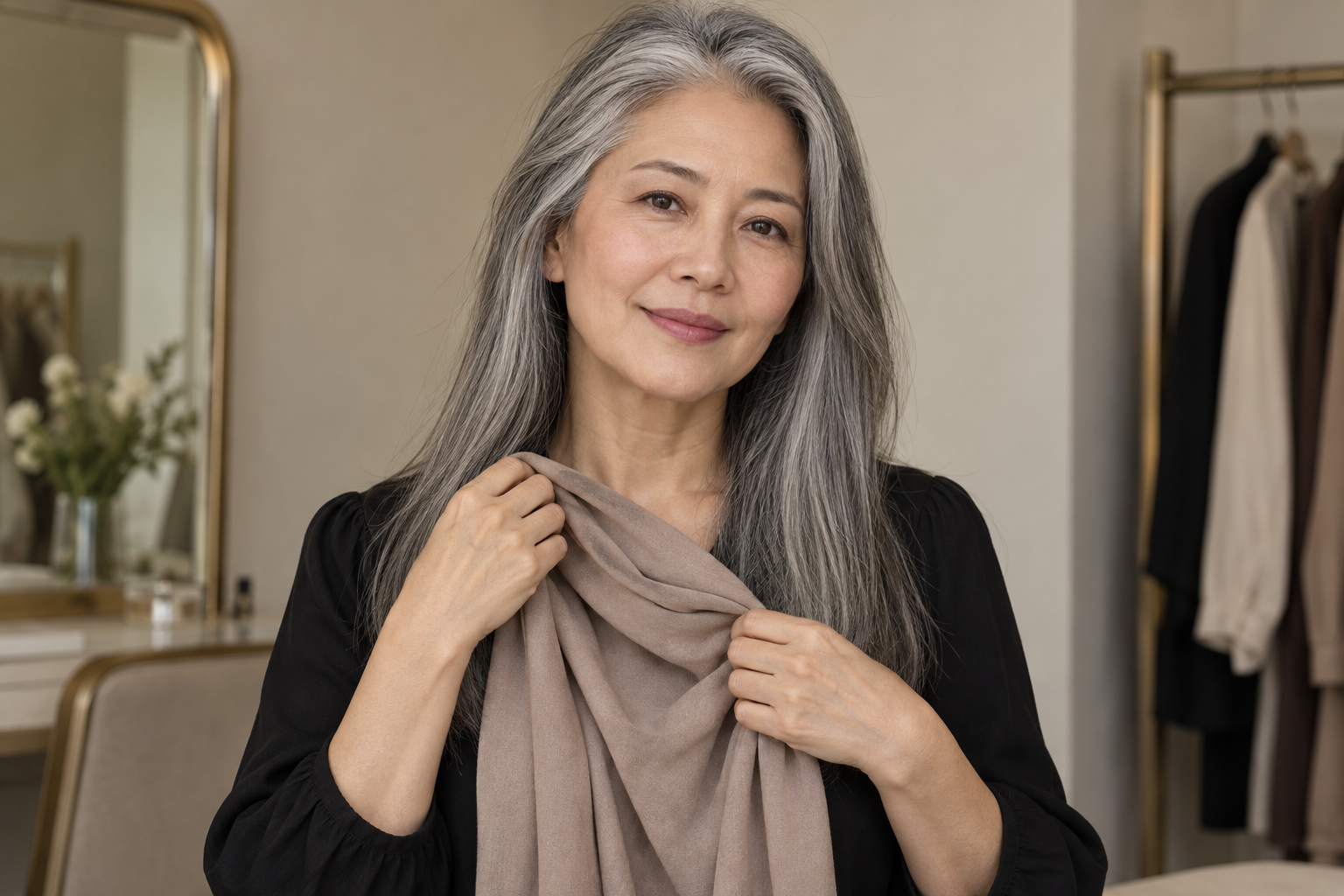 긴 회색 머리와 짙은 상의·밝은 천의 대비를 살피는 가상 중년 여성