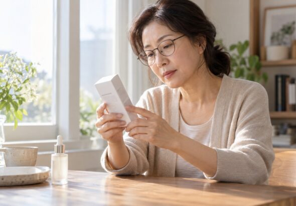 안경을 쓴 중년 여성이 화장품 포장 뒷면을 읽는 설명용 장면