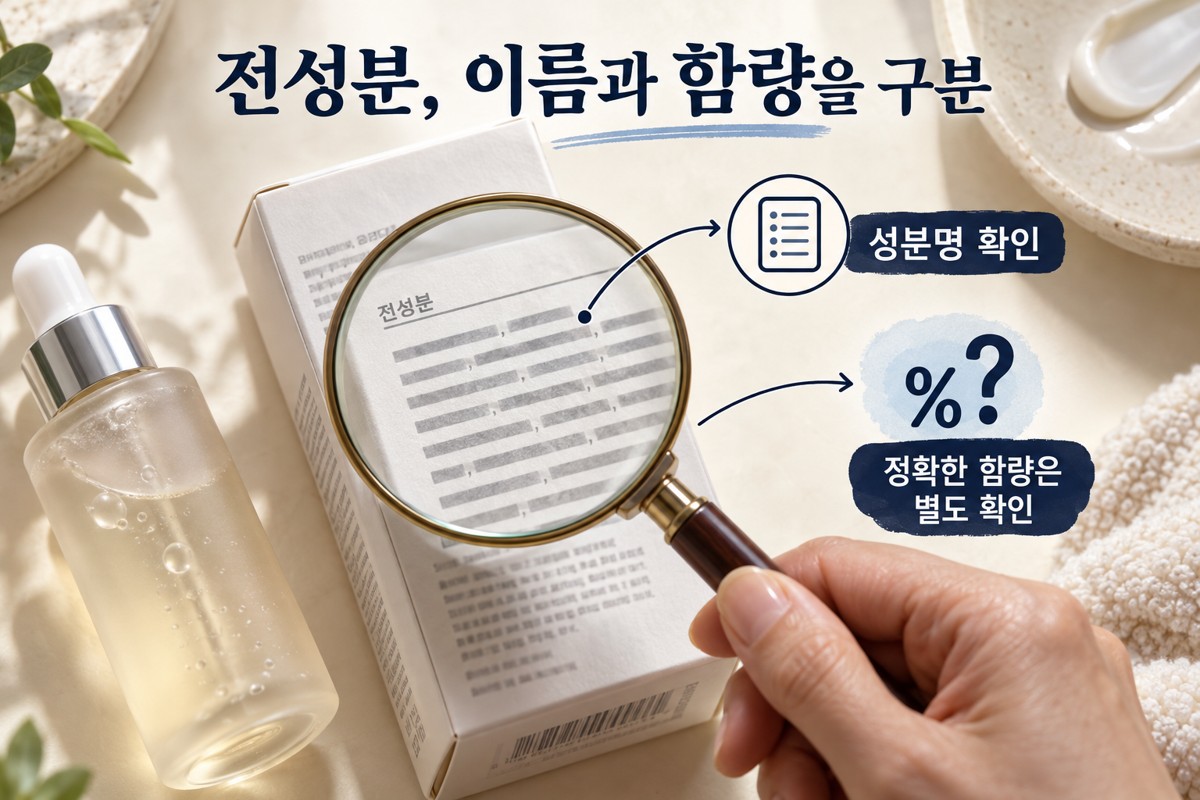 돋보기로 화장품 포장을 확대하고 성분명과 정확한 함량 확인을 구분하는 사진형 인포그래픽