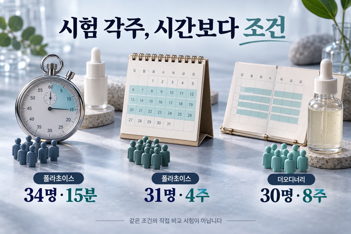 초시계와 두 달력, 사람 아이콘으로 34명 15분·31명 4주·30명 8주 시험 조건을 보여주는 인포그래픽