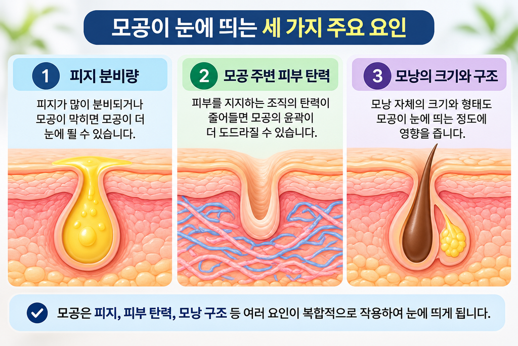 피지 분비와 피부 탄력 및 모낭 구조가 모공에 영향을 주는 요인을 설명한 인포그래픽