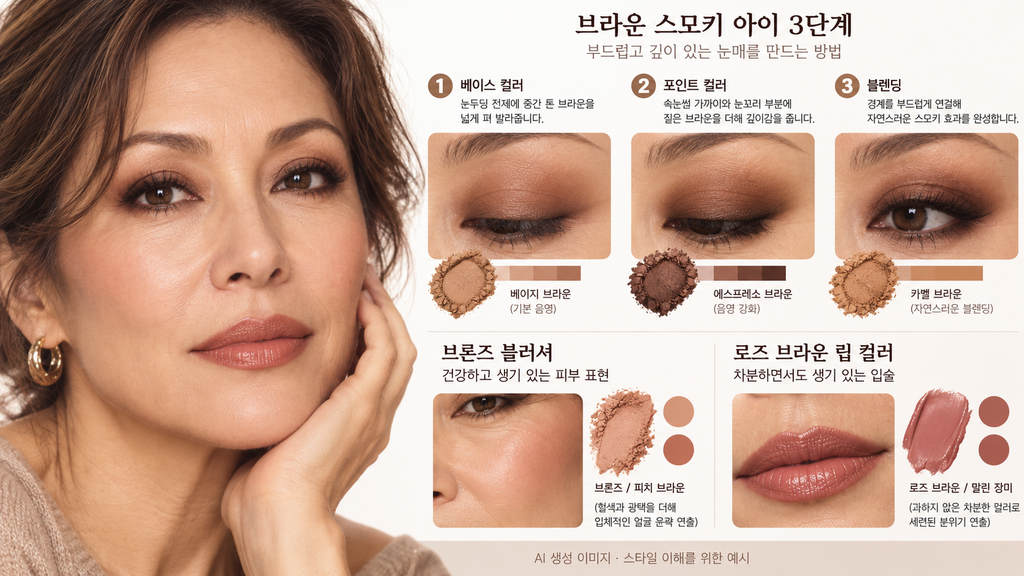 브라운 스모키 아이와 로즈 브라운 립의 50대 메이크업 색상 조합