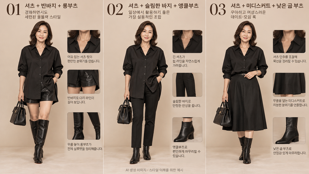 40~60대 여성을 위한 올블랙 긴 셔츠와 롱부츠 코디 세 가지 비교