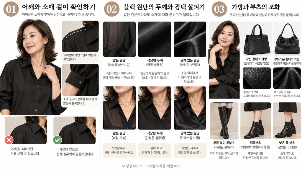 중년 여성의 블랙 셔츠 구매 시 어깨선과 소재, 가방과 신발 조합 확인표