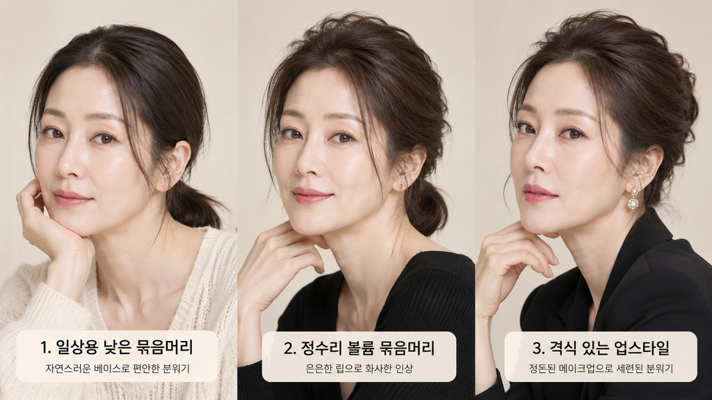 40~60대 여성을 위한 단정한 묶음머리와 자연스러운 메이크업 조합 비교