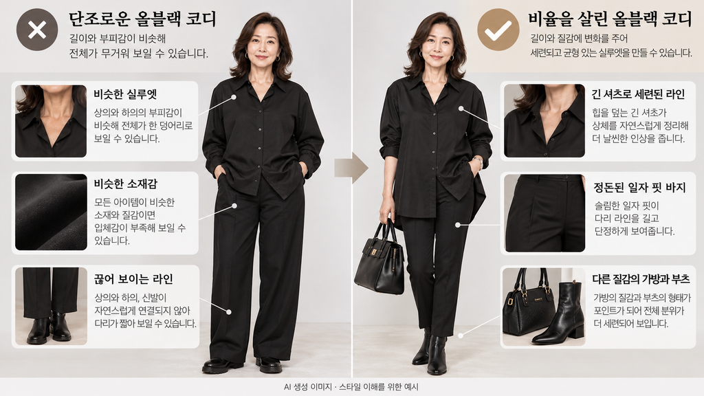 50대 여성의 답답한 올블랙 코디와 소재 및 길이를 조절한 올블랙 코디 비교