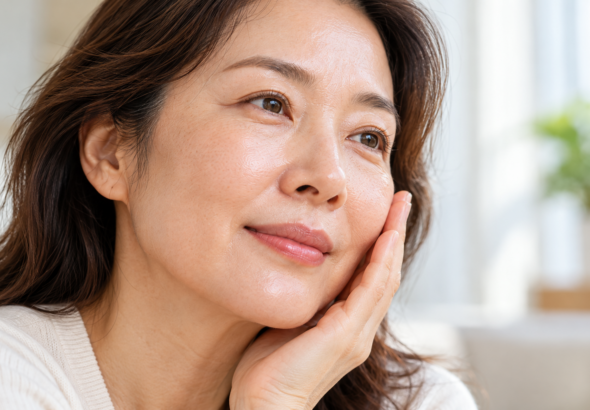 50대 여성의 볼과 코 주변 피부 질감을 보여주는 중년 피부 관리 이미지
