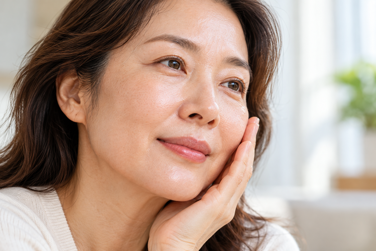 50대 여성의 볼과 코 주변 피부 질감을 보여주는 중년 피부 관리 이미지