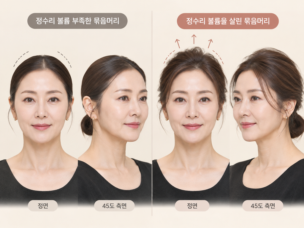 정수리 볼륨과 옆머리 정리 방법에 따른 중년 묶음머리 비교