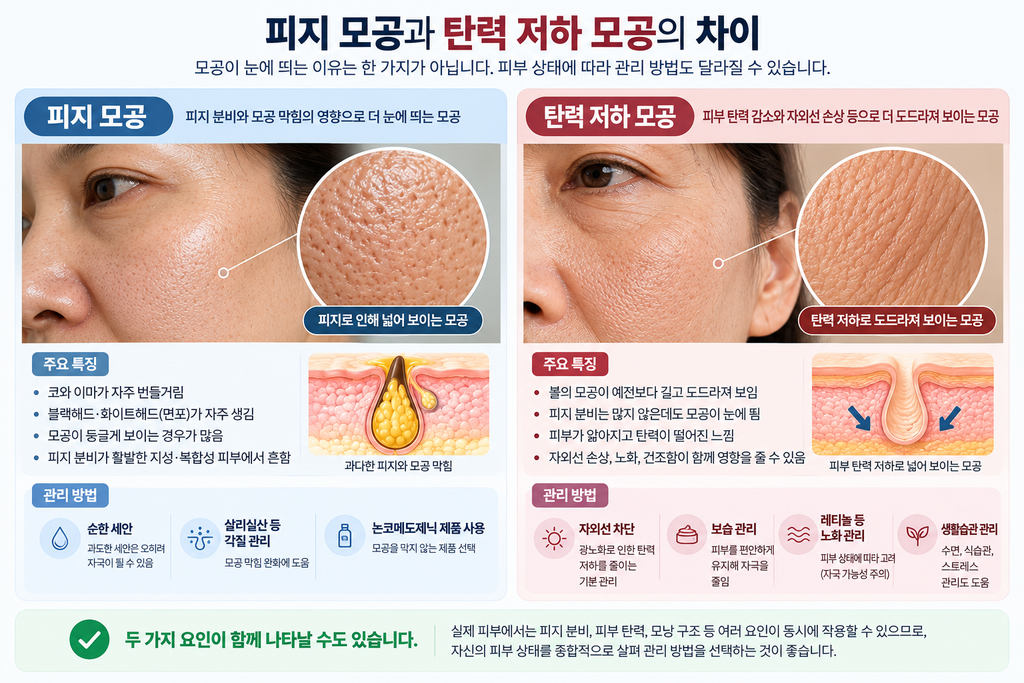 피지 분비 영향과 피부 탄력 저하 영향을 비교한 중년 모공 관리 이미지